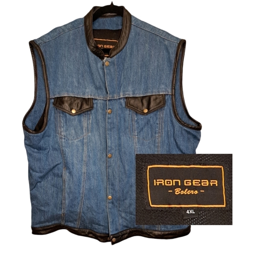 IRON GEAR Bolero ◇ Denim & Leather Motorcycle Vest ◇ Lots of Pockets ◇ 4XL ◇ EUC